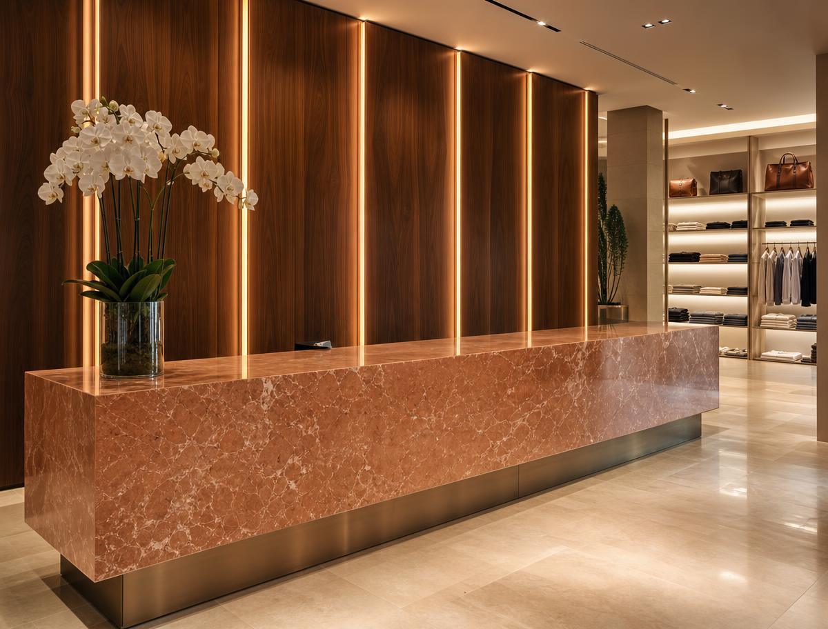 NoeClub reception desk with warm marble, walnut wood, and soft lighting