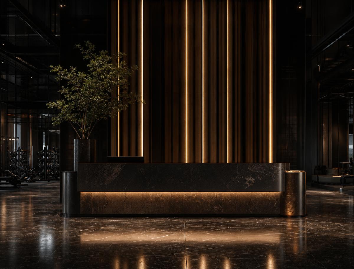 NoeClub concierge reception with dark marble and bronze light strips